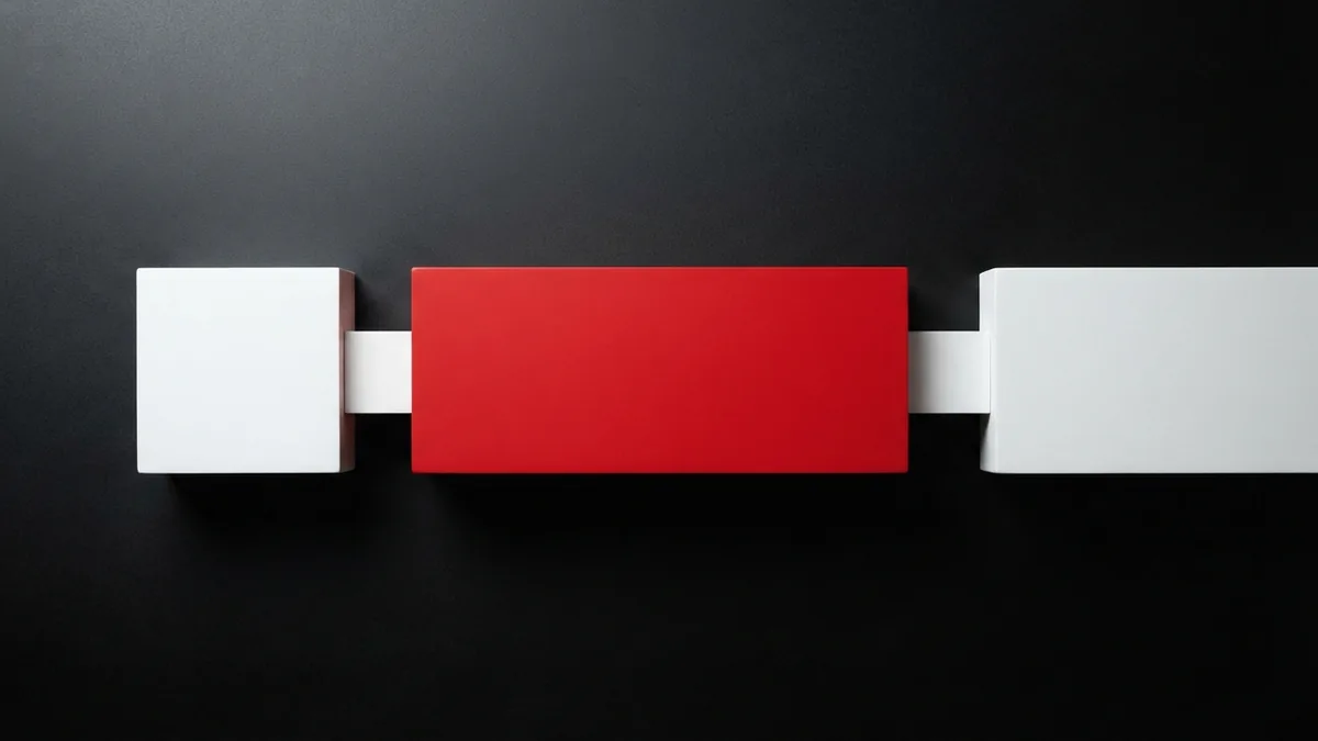 Crimson block linking two white forms on graphite, illustrating a page move that keeps visitors on track