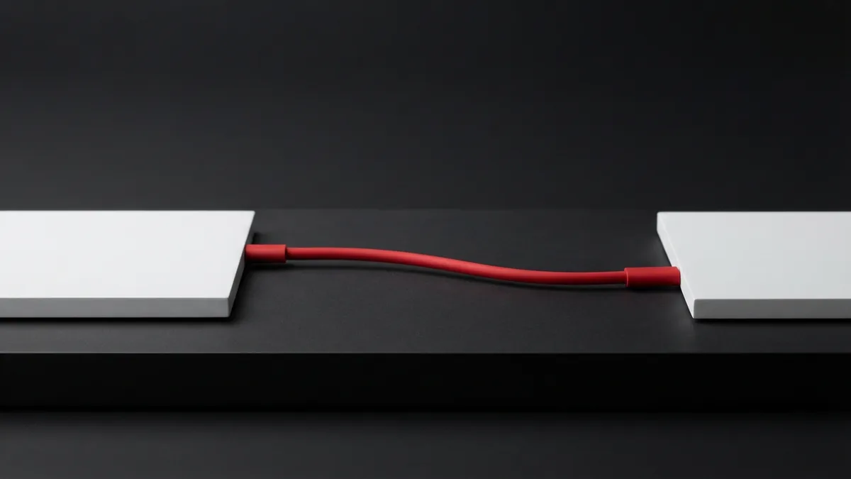 Red cable joining two white tiles on graphite, representing a direct redirect between page addresses