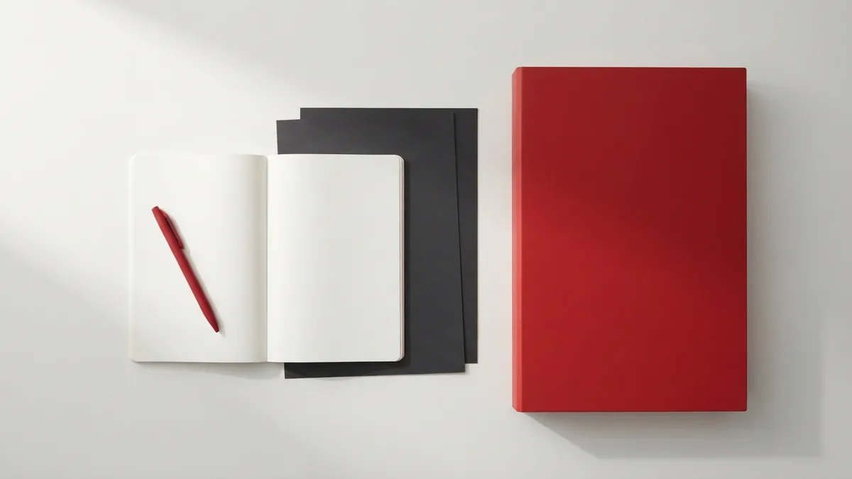 White desk with graphite papers and a crimson red divider for page editing