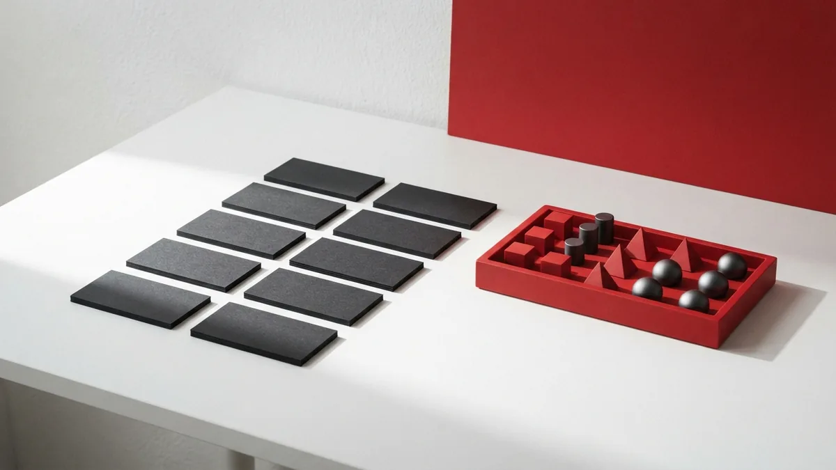 Graphite checkout field cards arranged beside a bold crimson red tray