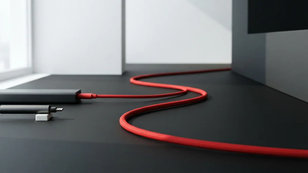 Minimal checkout testing setup Minimal graphite testing setup with a crimson red cable on white surface