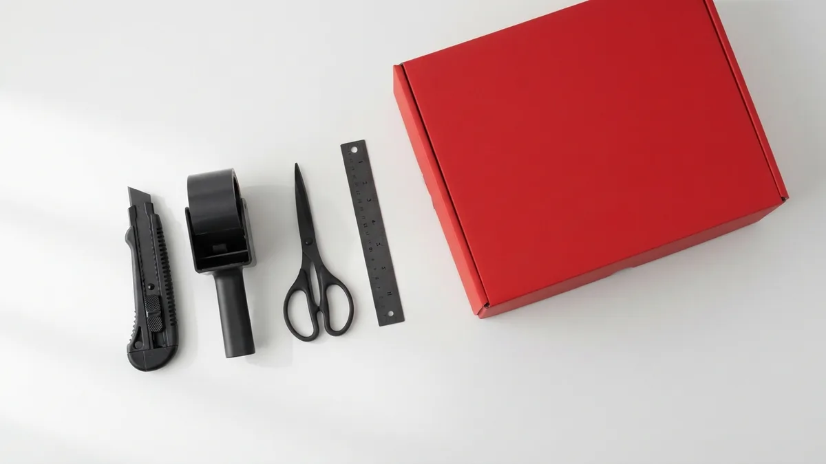 Crimson shipping box with black packing tools on a clean white surface