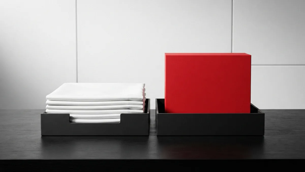 Organized product display Neat product display with crimson box, white fabric, and black storage trays