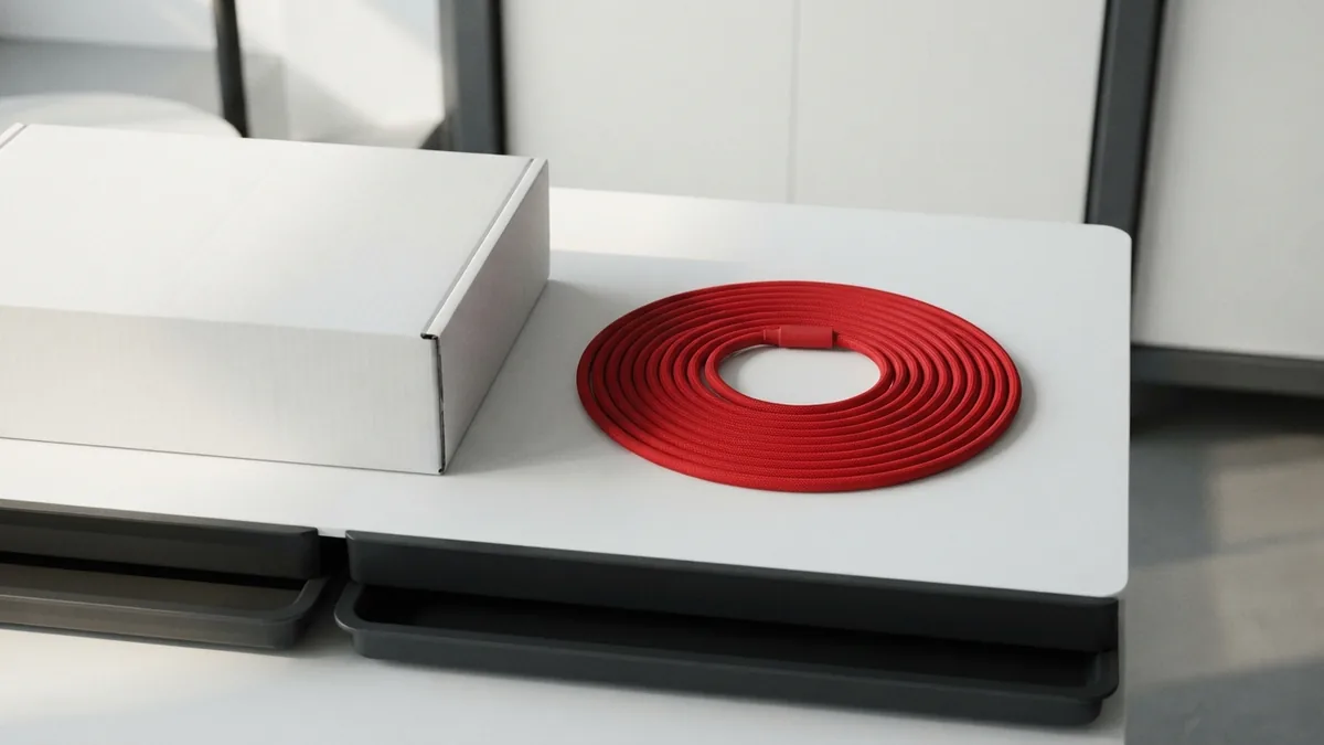Order handling scene with crimson cable, sealed box, and black parcel trays