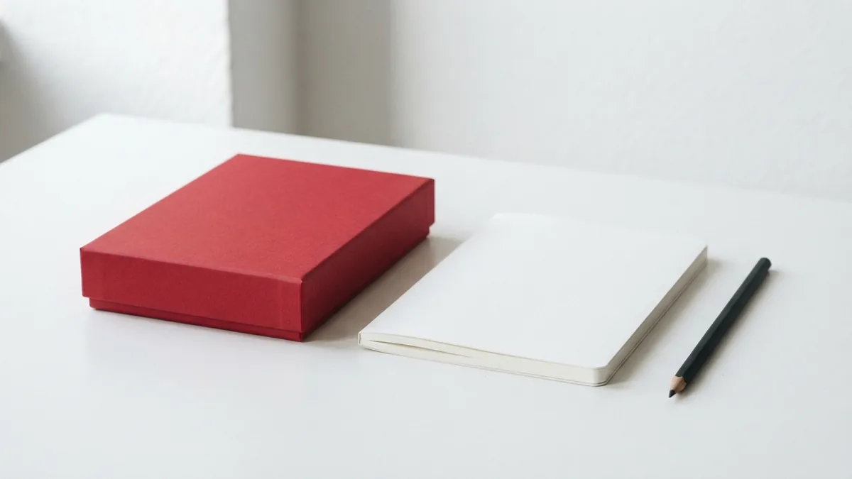 Planning a digital product offer Crimson product box beside a plain notebook represents creating useful digital offers