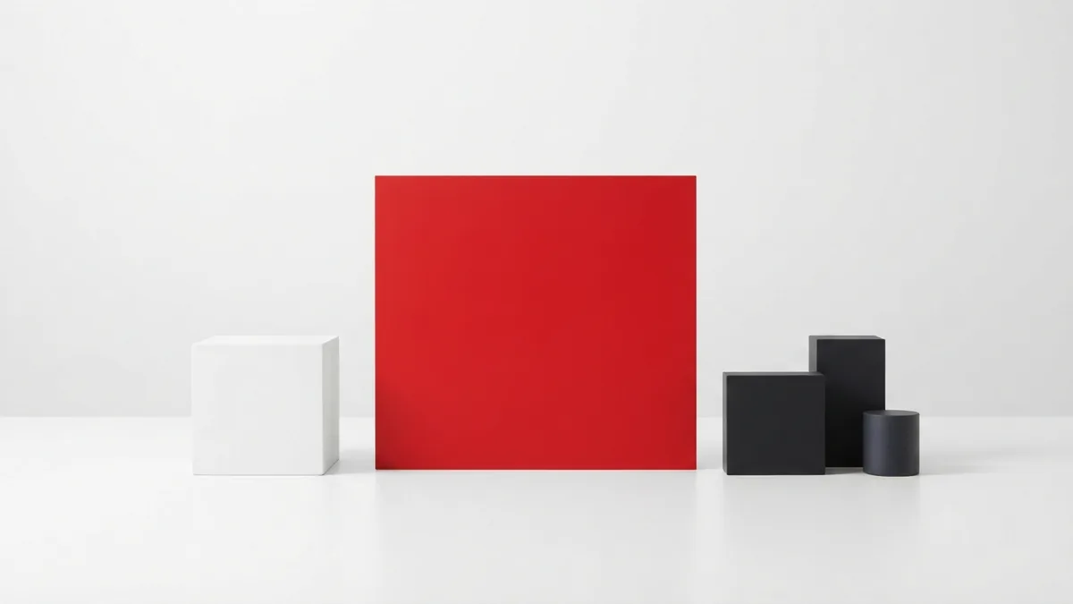 Crimson panel with simple white and graphite forms represents balanced ad placement