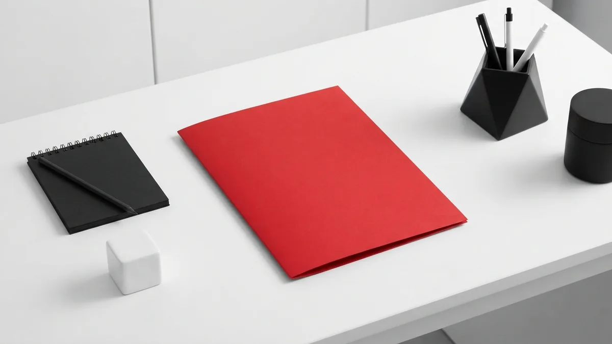 Crimson folder and simple desk objects representing a careful HTML addition to a WordPress page