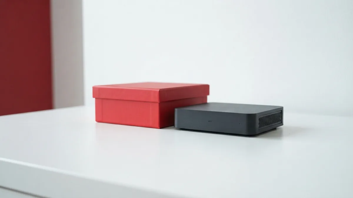 Crimson storage box beside a graphite network device on a bright white desk