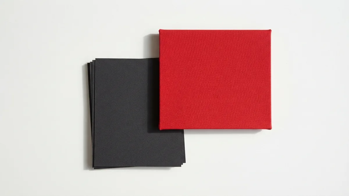 A restrained palette for a portfolio theme Red fabric and graphite paper samples arranged on a clean white design table