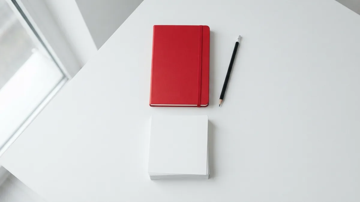 Planning a consistent portfolio look Red notebook and graphite pencil beside blank portfolio prints on a white desk