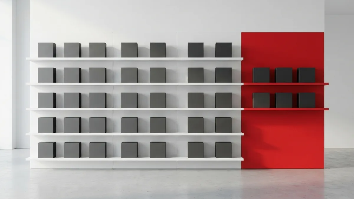 Organized shop display Organized retail display with graphite products and a crimson red wall panel