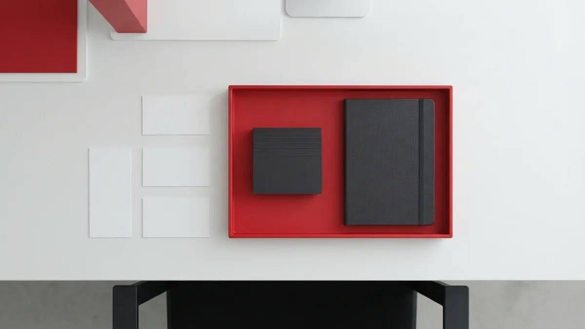 White desk with graphite planning tools and a crimson red tray