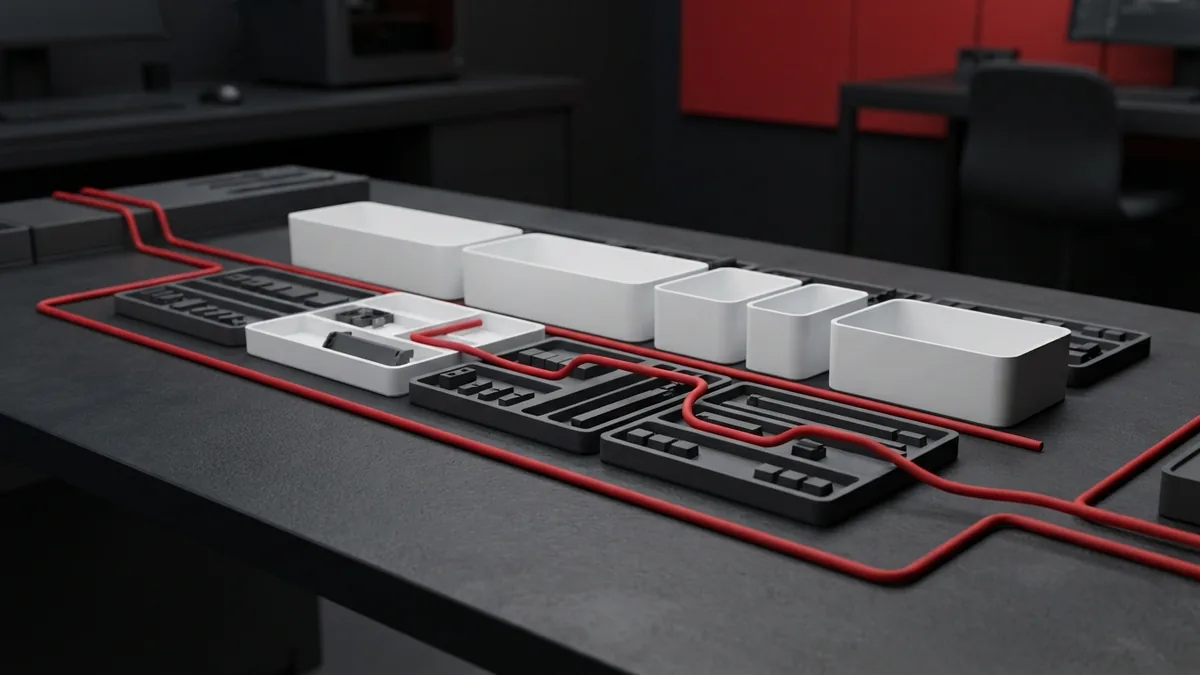 Graphite trays and a crimson red cable arranged for product sorting