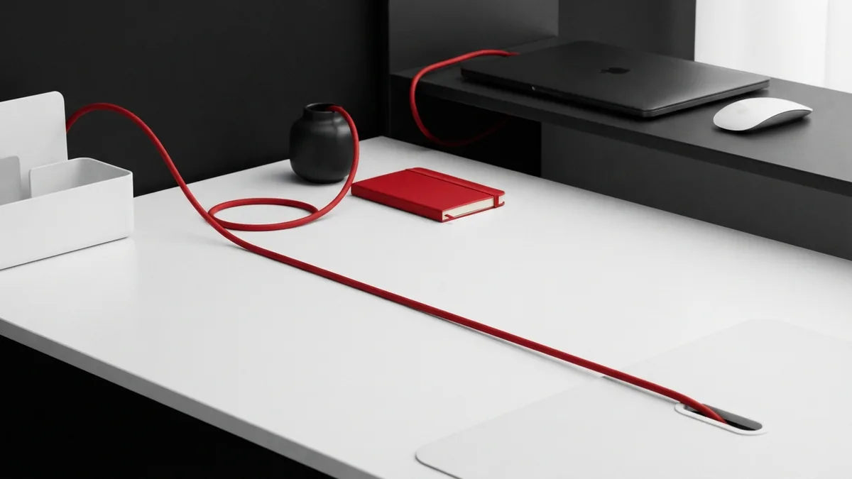 WordPress tracking method concept Crimson cable across a clean workspace representing WordPress tracking methods