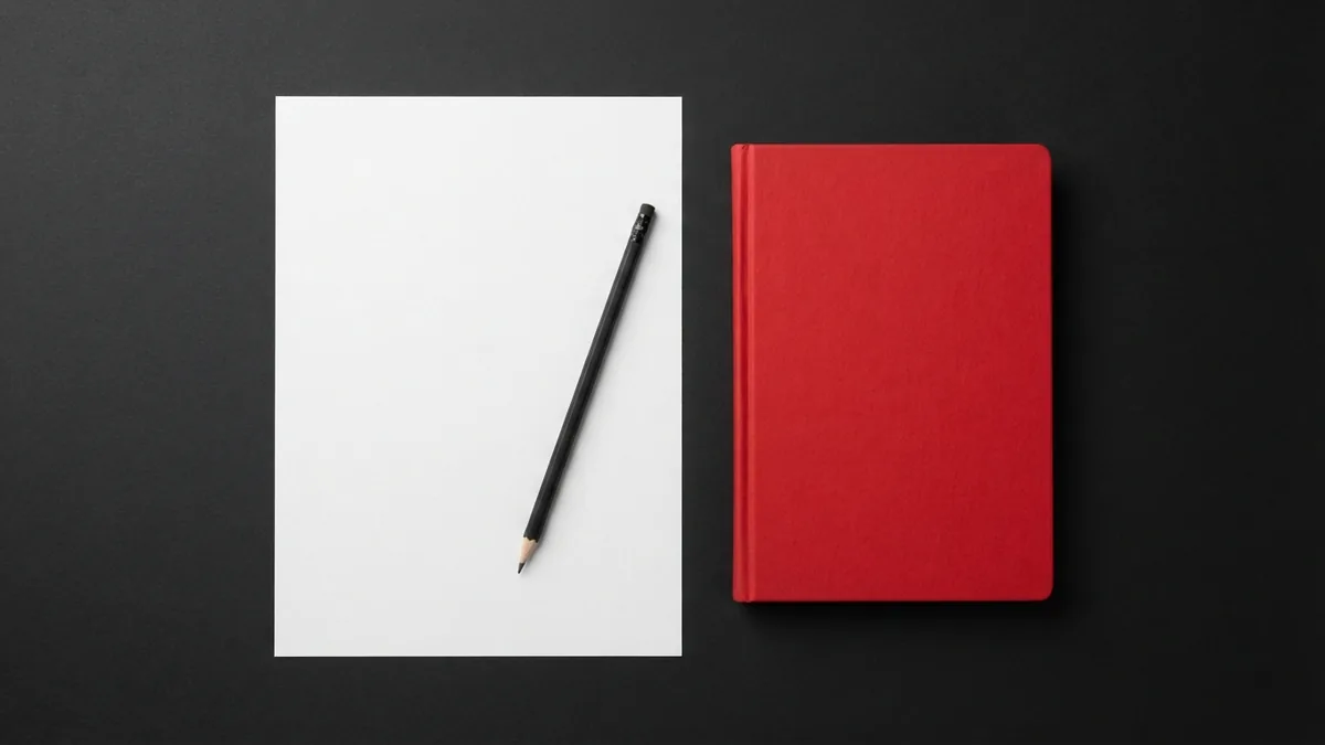 White paper, graphite pencil, and vivid red notebook arranged for editing a WordPress page summary