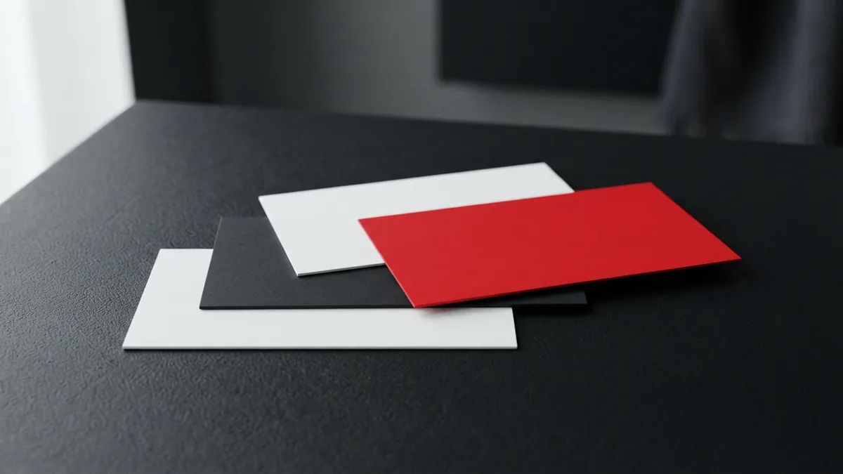 White, graphite, and red cards representing separate search and social page descriptions