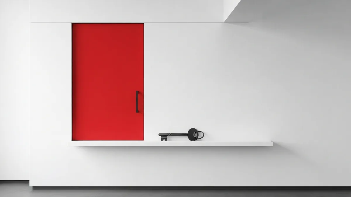 A simple visual for site access control Matte red door panel and dark key representing a WordPress site access lock