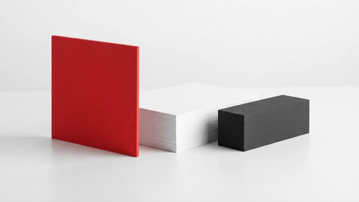 Crimson panel beside stacked white sheets and a graphite block