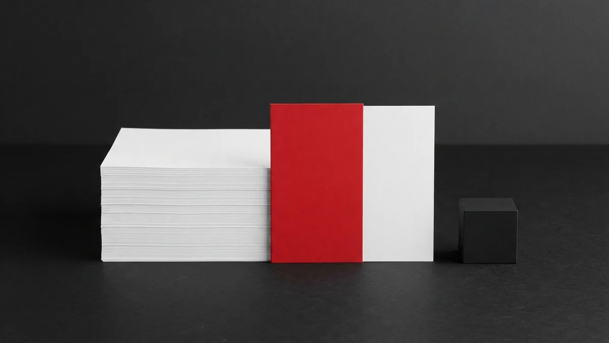 Crimson divider separating one white sheet from a neat group