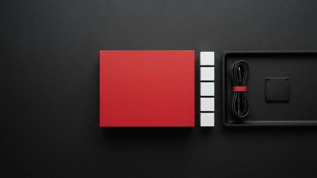 Crimson box beside aligned white blocks and a graphite tray