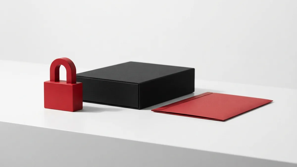 Solid crimson security block beside a graphite file box on a white surface