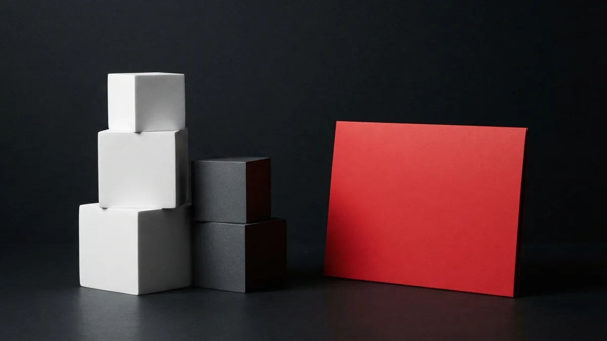 White and graphite geometric forms beside a red folder, suggesting domain management