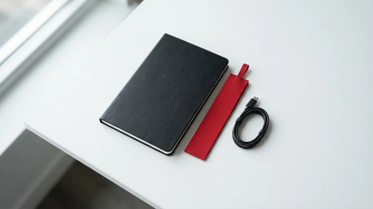 Organized PHP snippet planning Closed graphite notebook and crimson bookmark beside a neat cable on white