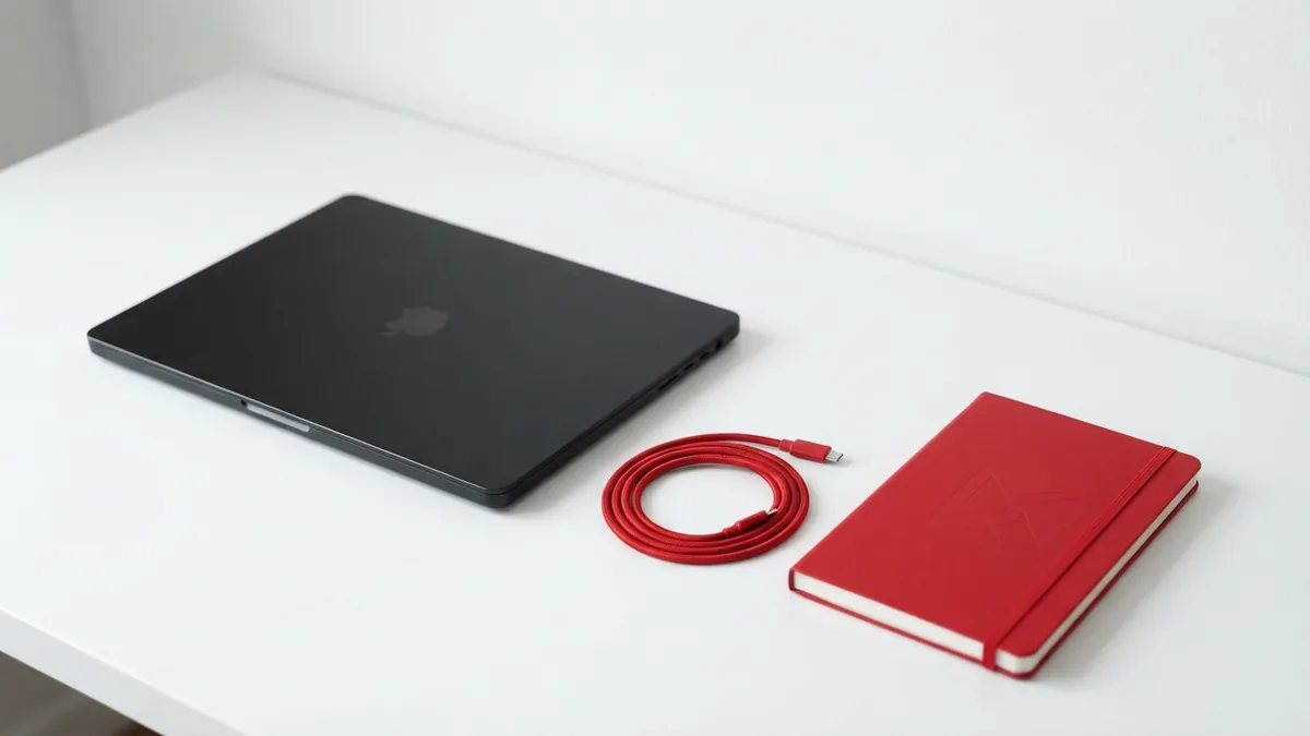 Minimal workspace for setting up WordPress analytics with red cable and graphite laptop