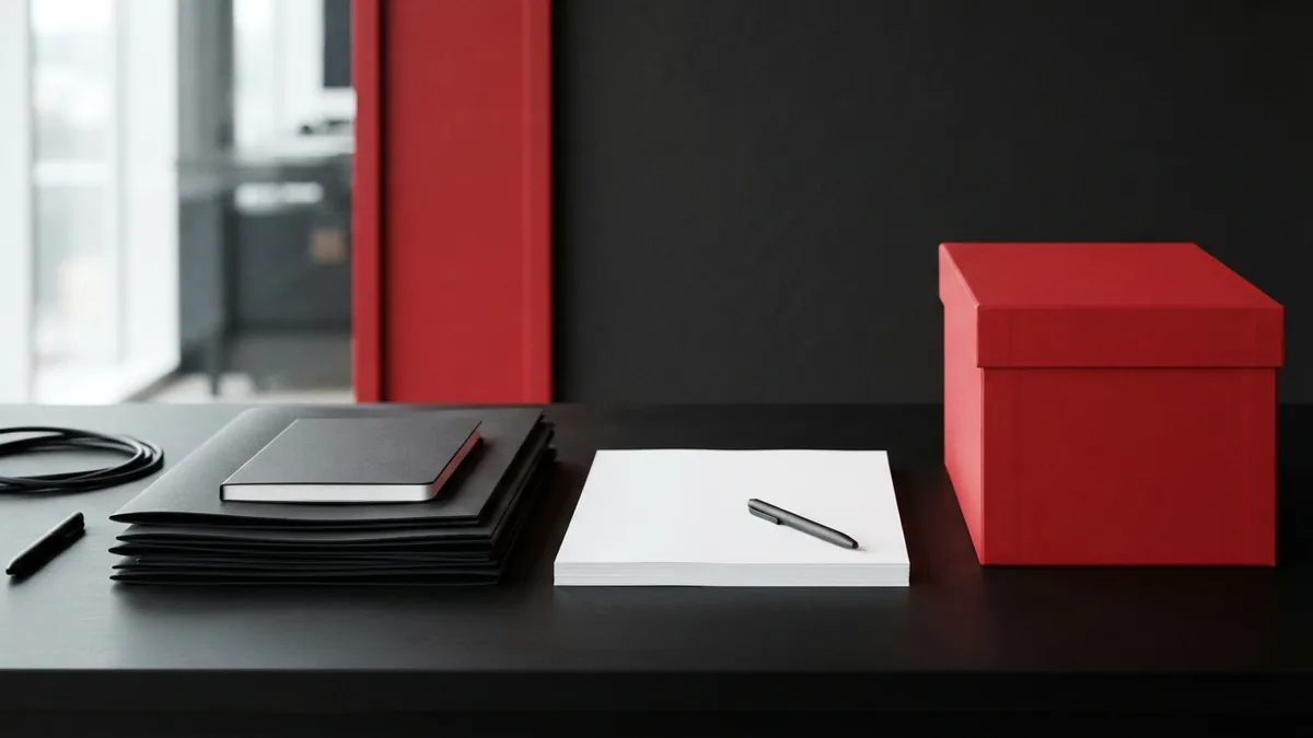 Organized workspace for WordPress changes Graphite folders and crimson red storage box arranged in a clean WordPress work setting