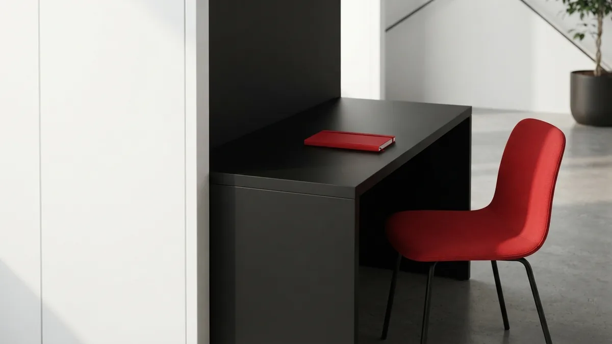 Crimson red chair beside a graphite desk and white wall in a minimal design setting