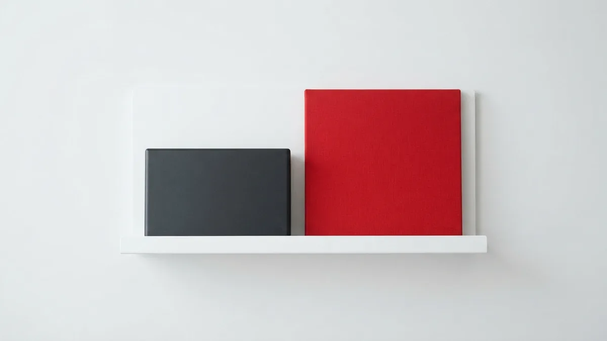 Focused workspace for safe PHP edits Crimson red fabric panel with graphite case on a clean white shelf for safe code work