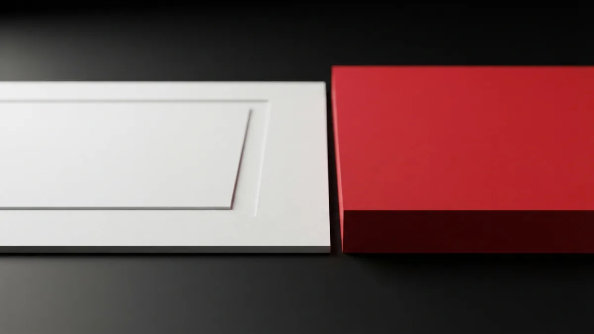 A simple visual for custom spacing Blank white paper with a crisp inset edge beside a matte crimson block