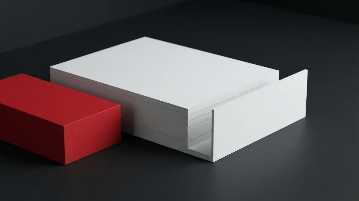 Layered blank paper panels showing an inward shift beside a matte crimson object