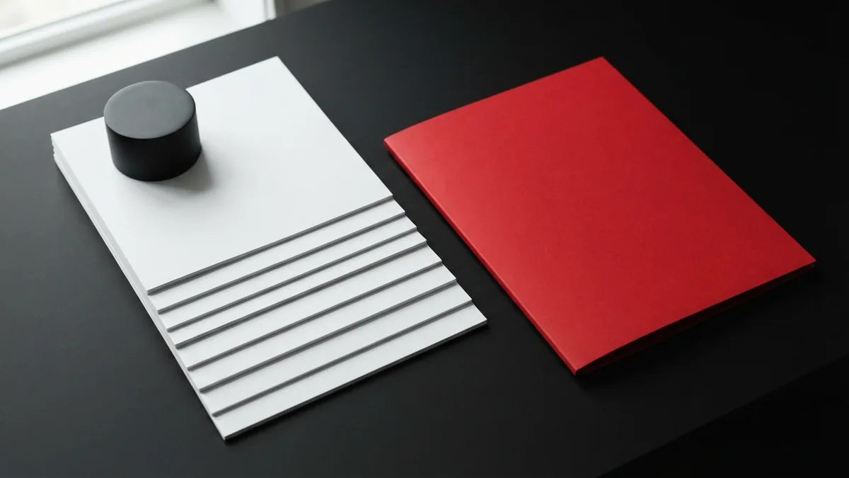 Blank papers stepped inward beside a matte crimson folder on a minimal desk