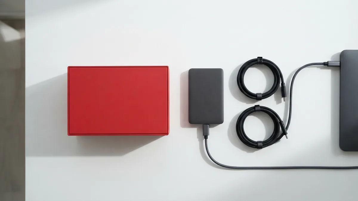 Backup planning setup with a crimson storage box, graphite drive, and neat black cables