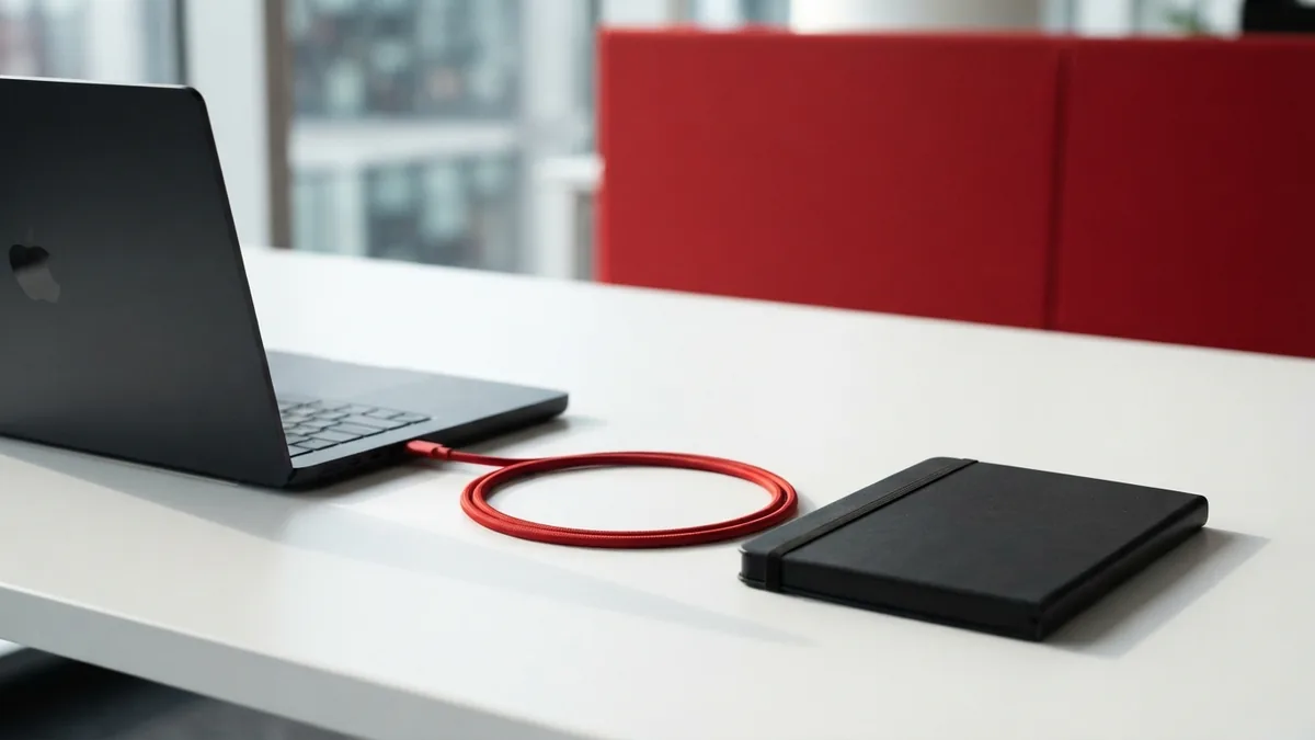 WordPress testing workspace with a graphite laptop, crimson cable, and uncluttered desk