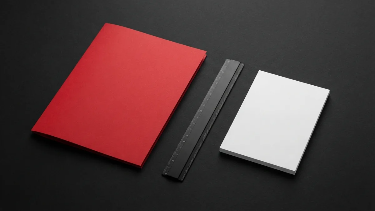 Crimson folder, graphite ruler, and blank paper arranged for planning a web design project