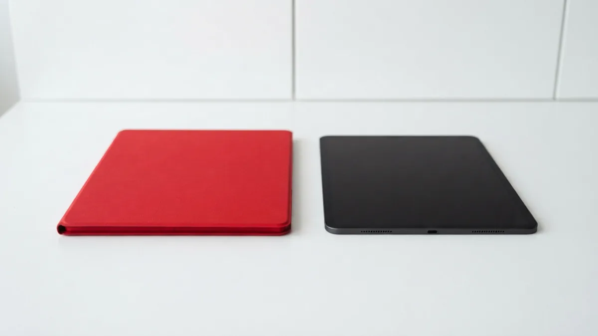 Crimson portfolio case beside a graphite tablet with a dark screen on a white surface