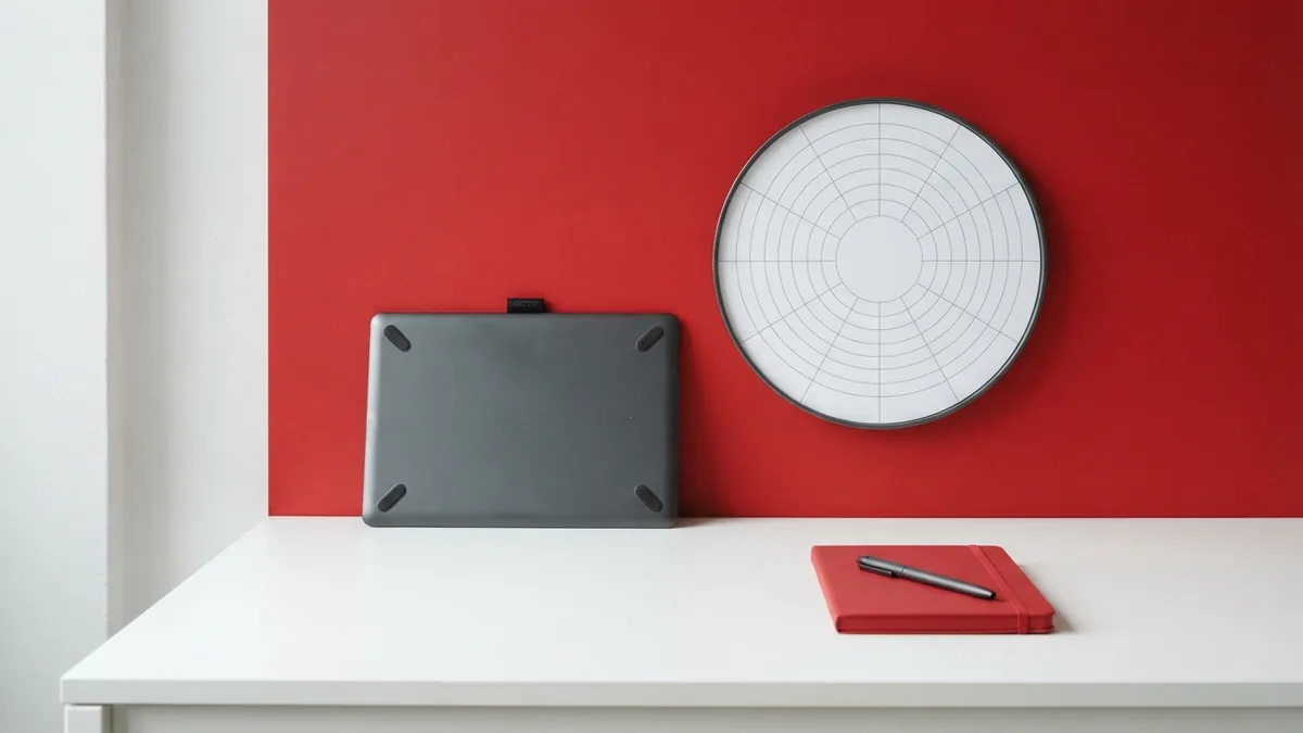 Google Calendar embed setup Clean calendar setup with a graphite device and crimson wall panel
