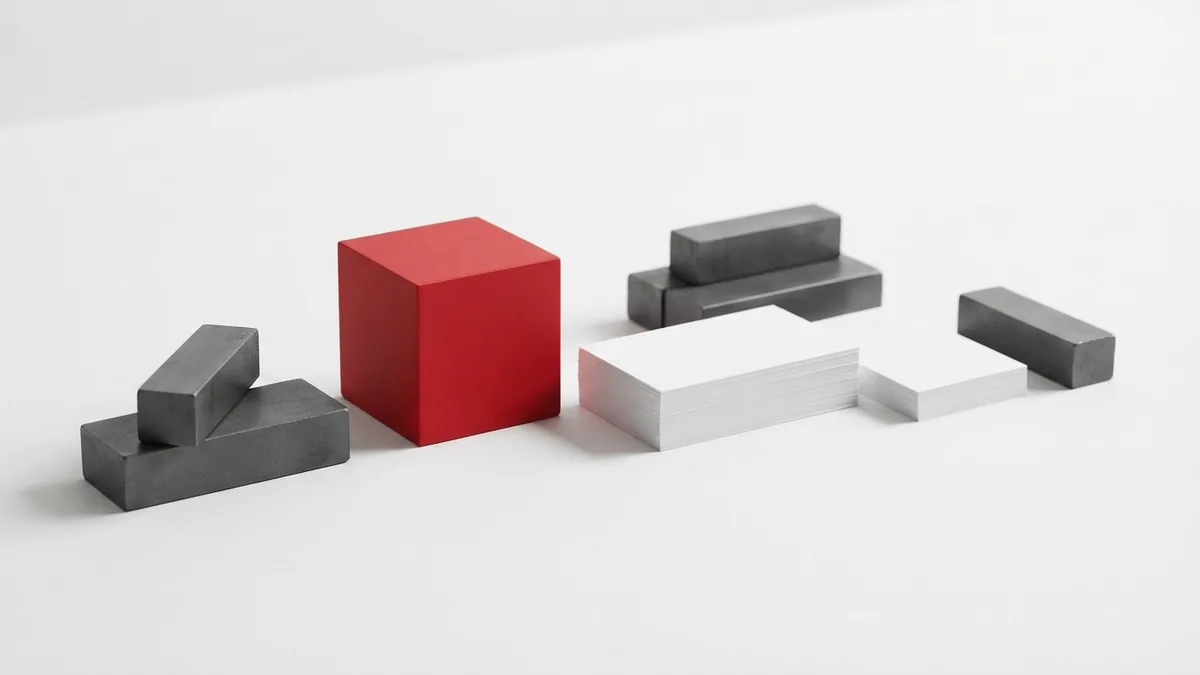 Minimal event planning shapes in graphite, white, and crimson red