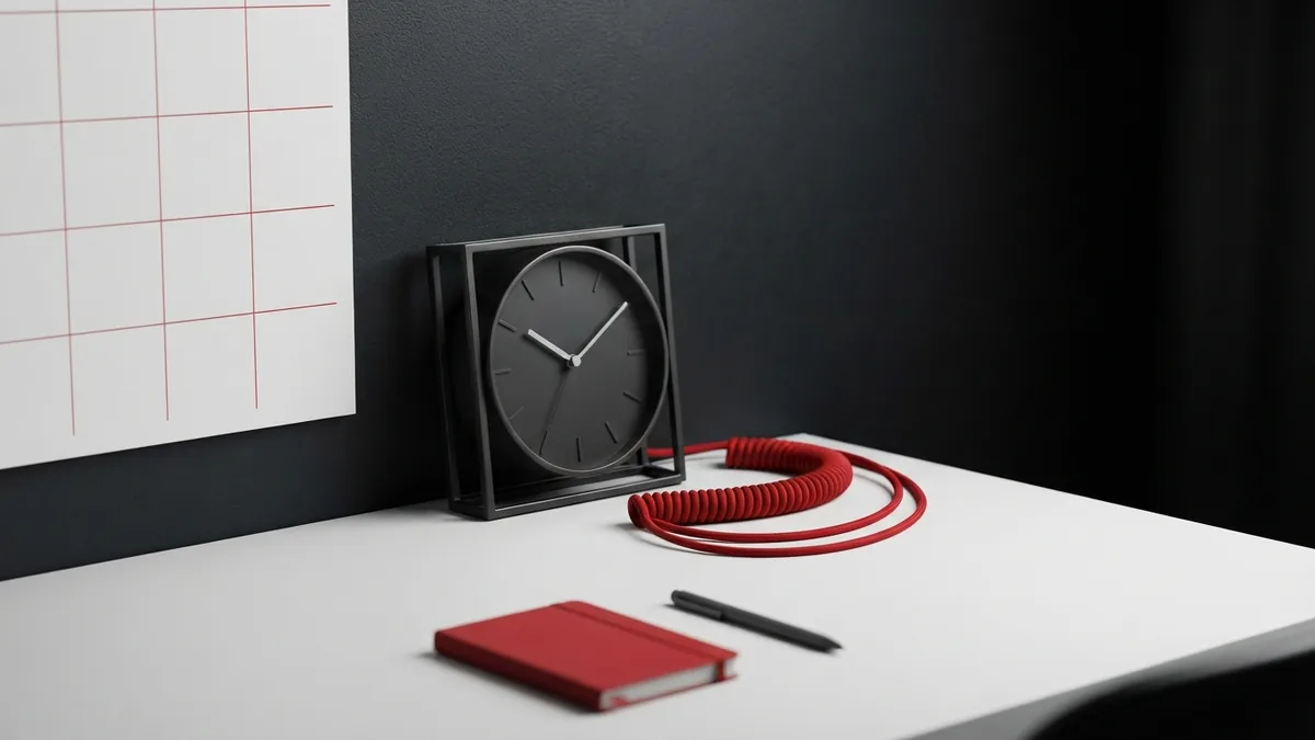 Blank wall calendar with graphite clock and crimson cable for event updates