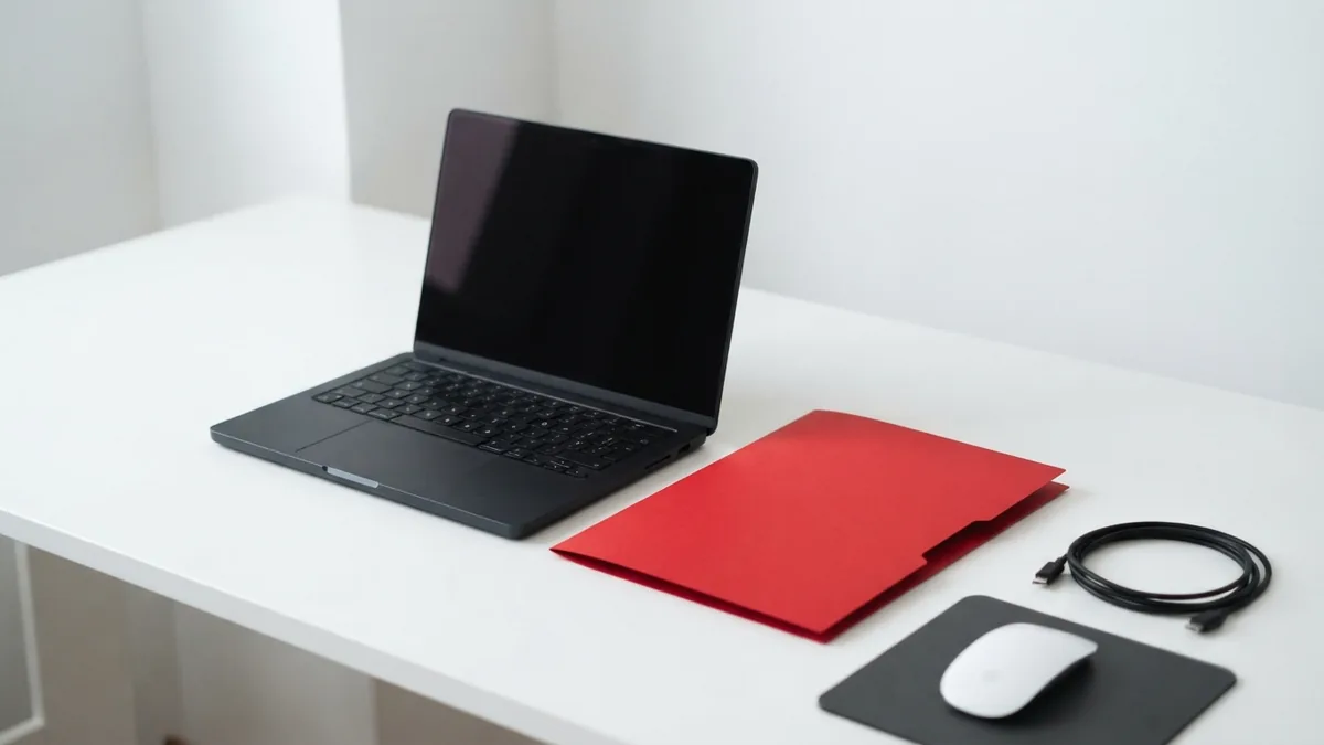 A crimson folder beside a dark-screen computer in a tidy white and graphite workspace