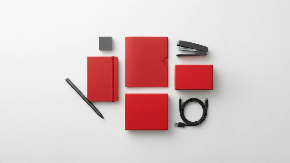 Choosing concise top bar content Crimson red cards and graphite objects arranged with clear spacing on a white surface