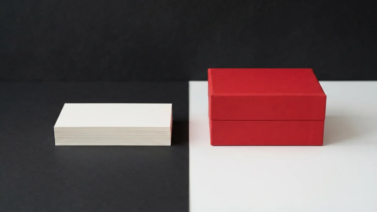 Blank cards beside a vivid red box on a clean white and graphite surface