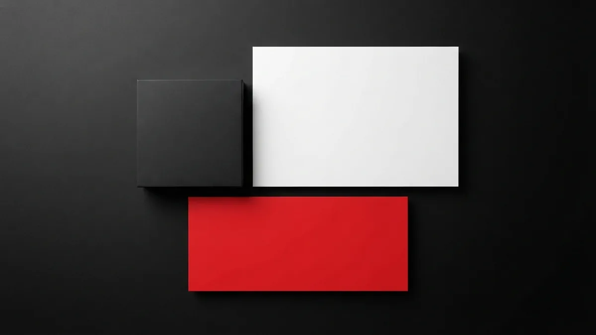 Blank page layout with a vivid red panel and graphite shapes on white
