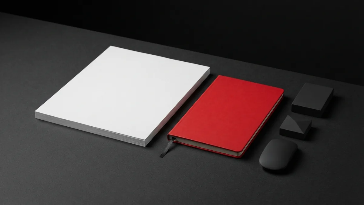 Adding a shortcode to a post Blank stacked sheets beside a vivid red notebook and graphite objects