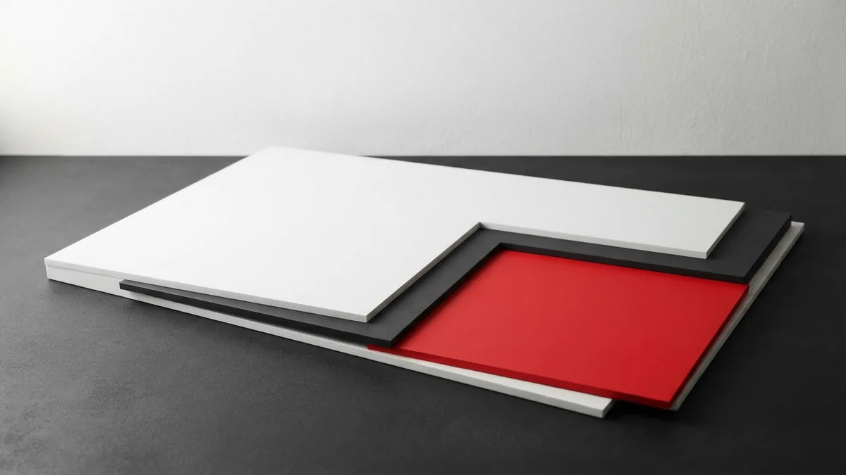 Layered white, graphite, and red panels symbolizing child theme styles kept separate