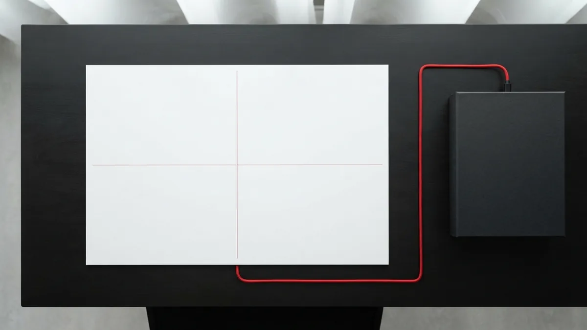 Domain and hosting workspace White hosting desk with graphite storage and a crimson red cable in a clean layout