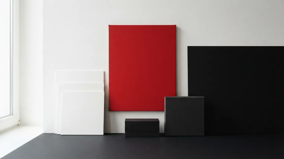 Minimal website design scene Minimal website design scene with graphite forms and a crimson red panel