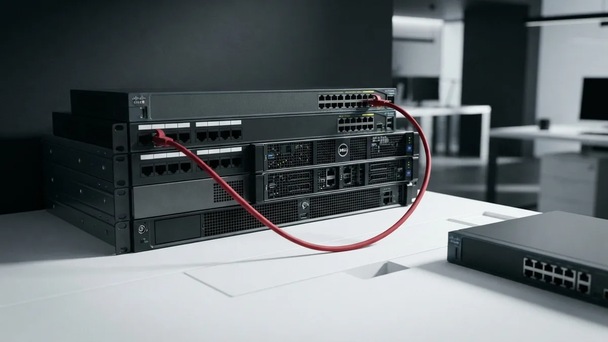 Reliable hosting setup Graphite hosting hardware with a crimson red cable on a clean white surface